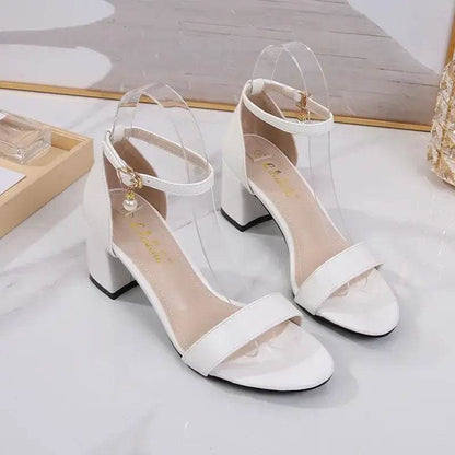 Ladies Pumps Round Toe PU 6CM Thick High Heels Buckle Strap Shallow Shoe Size 35-42 - ROYAL EQUIPS