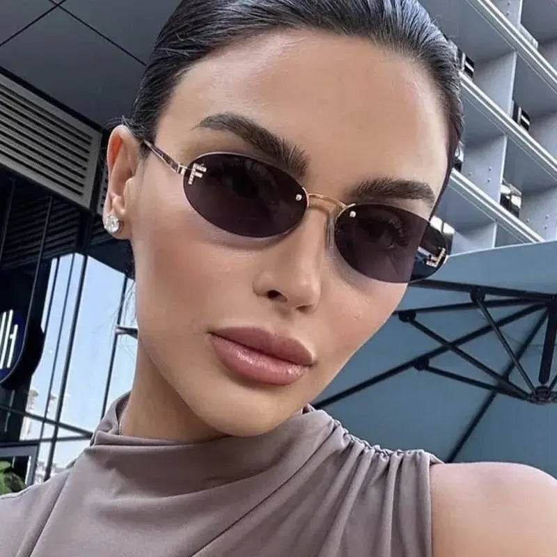 SlRimless Retro Oval Sunglasses Cat Eye Sun Glasses Frameless F Letter Sunglass Shade Driving Eyewear - ROYAL EQUIPS