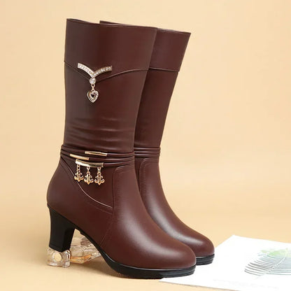 Thick Heel Side Zipper Pointed Leather Boots