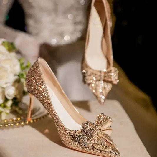 Luxury Pointed Toe Pumps Sequined Rhinestone Butterfly Gold Silver High Heels Party Wedding Shoes - ROYAL EQUIPS