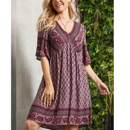 Vintage Printed V-Neck Short Sleeved Mini Dress - ROYAL EQUIPS