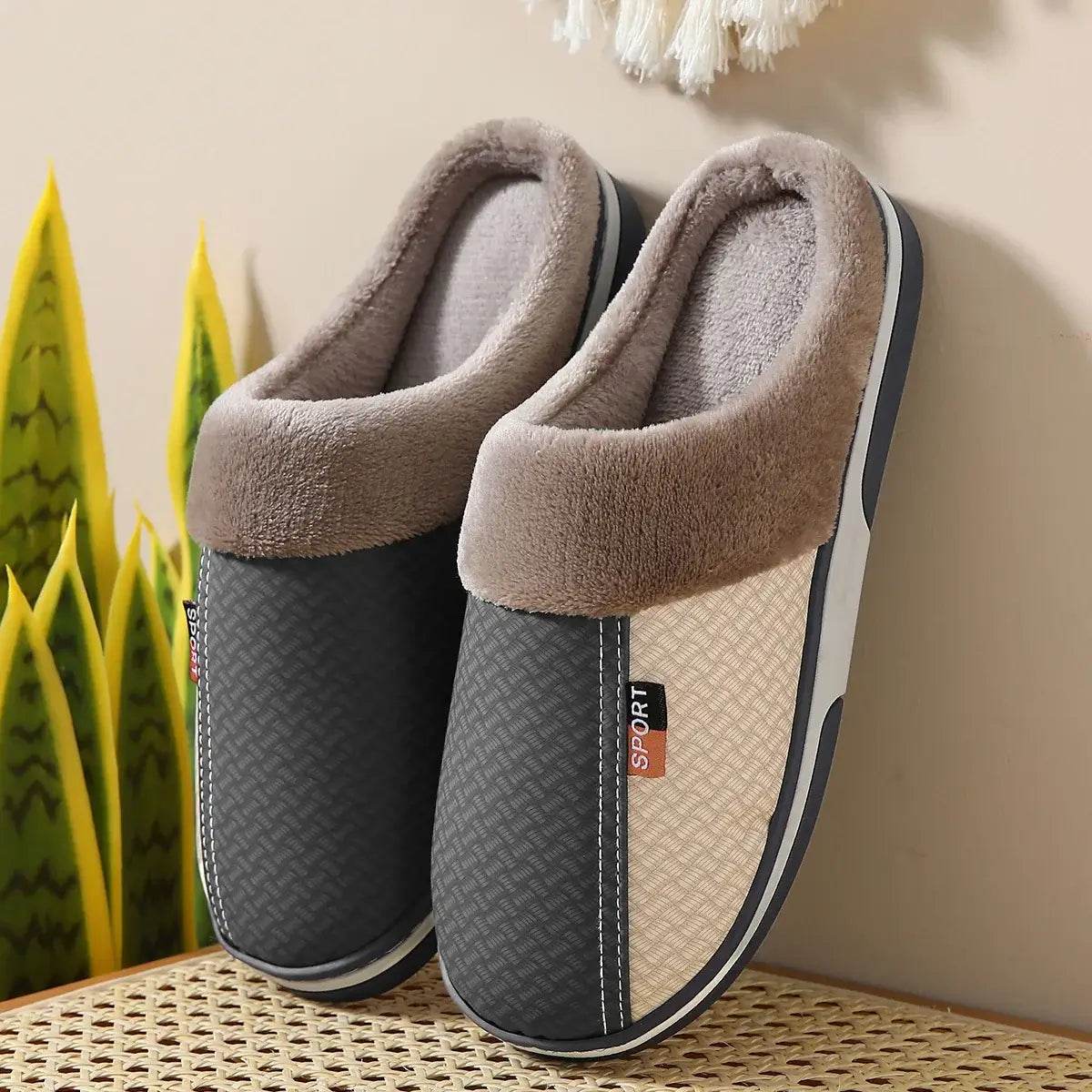 Men's Plush Slippers Home Indoor Non-slip PU Leather Upper Waterproof House slides Outside Male Shoe's - ROYAL EQUIPS