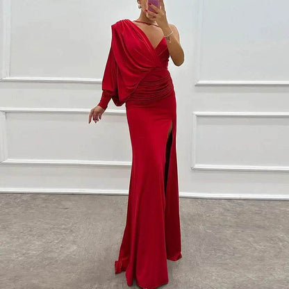 One Shoulder Sleeve Solid Long Split Asymmetric Slim Dress Elegant V-neck - ROYAL EQUIPS