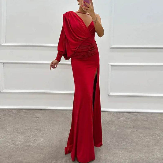 One Shoulder Sleeve Solid Long Split Asymmetric Slim Dress Elegant V-neck - ROYAL EQUIPS