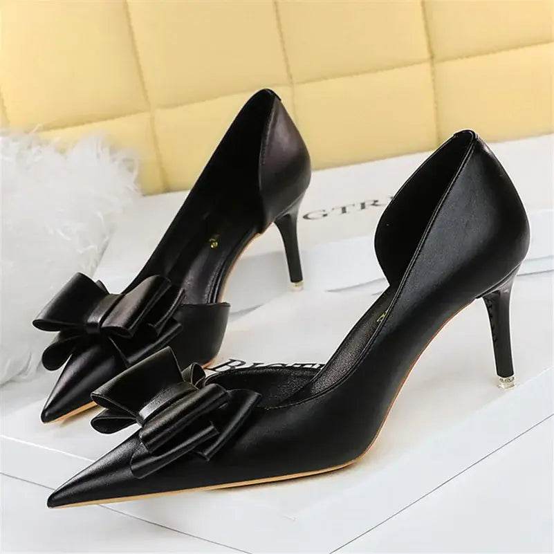 Women 7.5cm 10cm High Heels Leather Pumps Scarpins Sweet Cute Bow Low Heels Wedding Bridal Pink, Yellow, Blue Shoes - ROYAL EQUIPS