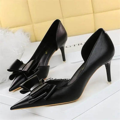 Women 7.5cm 10cm High Heels Leather Pumps Scarpins Sweet Cute Bow Low Heels Wedding Bridal Pink, Yellow, Blue Shoes - ROYAL EQUIPS