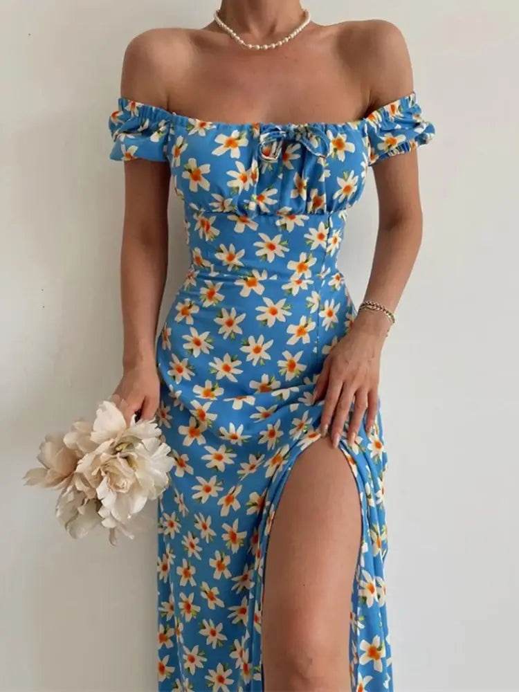 Floral Print Short Sleeve Hip Wrap Party Dress Elegant Off Shoulder Backless Waist Slit Boho Long Dress - ROYAL EQUIPS