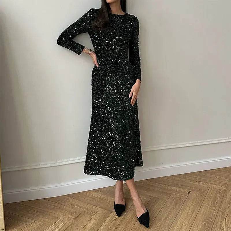 High Street Bodycon Long Sleeve Shinny Evening Dress Glitter O-Neck - ROYAL EQUIPS