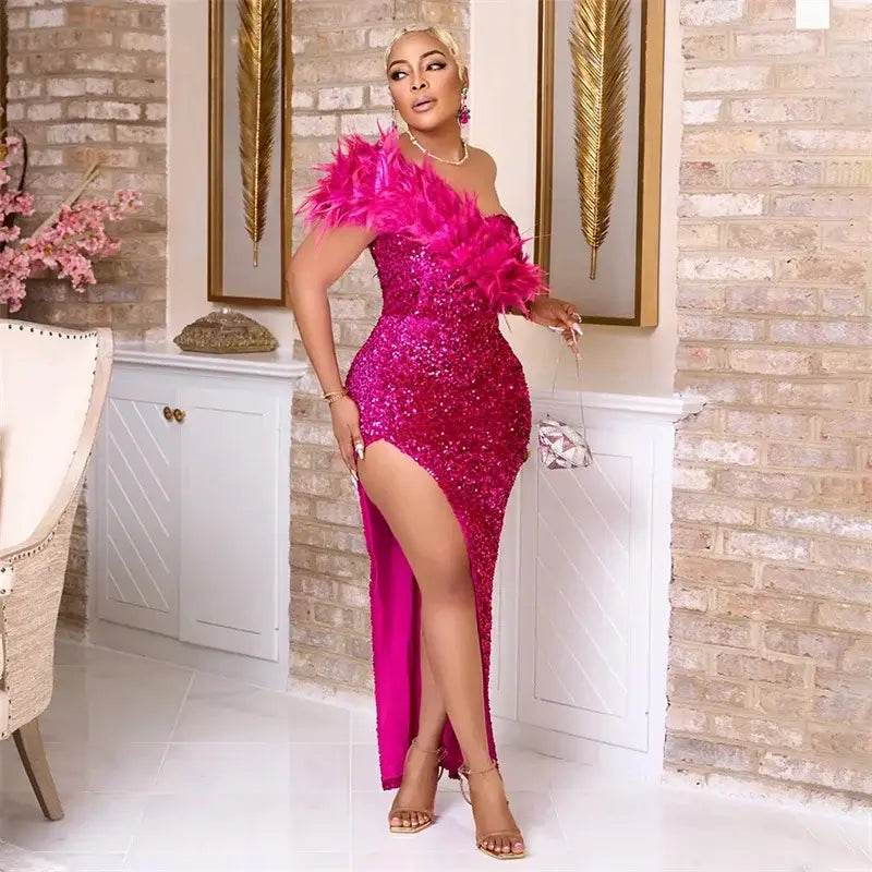 One Shoulder Elegant Glam Long Feather High Split Sequins Sparkly Gowns Dress - ROYAL EQUIPS