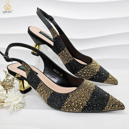 Gold Color Elegant Hollow Rhinestones High Heels Wedges Shoes Matching Bag - ROYAL EQUIPS