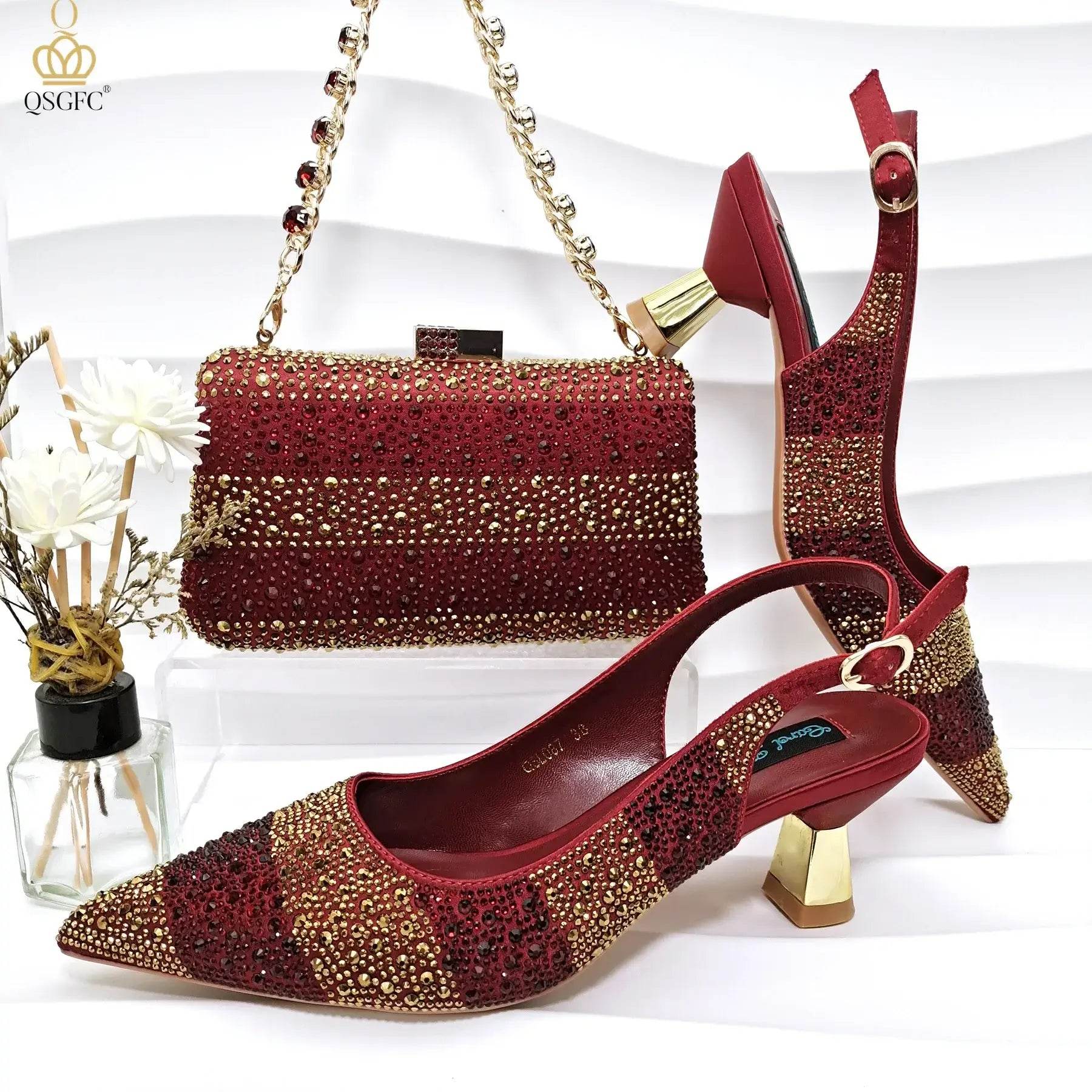 Gold Color Elegant Hollow Rhinestones High Heels Wedges Shoes Matching Bag - ROYAL EQUIPS
