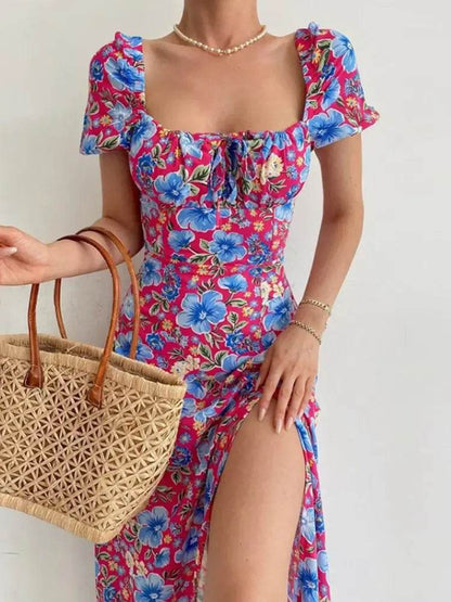 Floral Print Short Sleeve Hip Wrap Party Dress Elegant Off Shoulder Backless Waist Slit Boho Long Dress - ROYAL EQUIPS