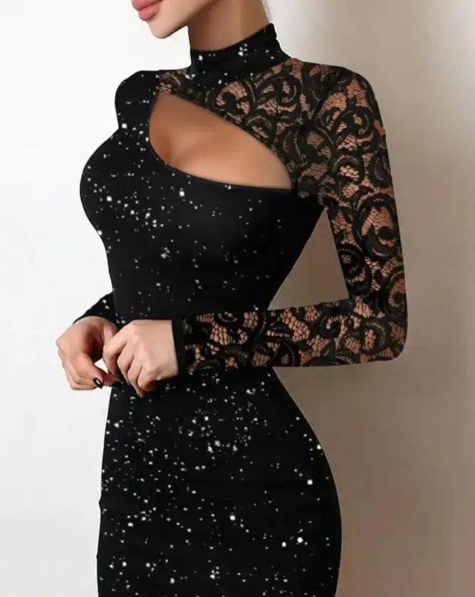 Elegant Summer Glitter Contrast Lace Cutout Plain Mock Neck Long Sleeve Party Dress - ROYAL EQUIPS