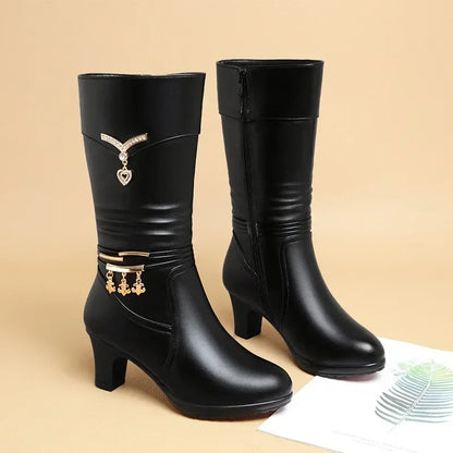 Thick Heel Side Zipper Pointed Leather Boots