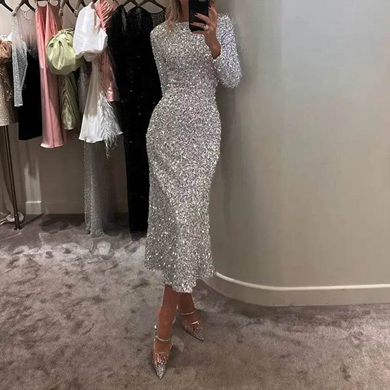 High Street Bodycon Long Sleeve Shinny Evening Dress Glitter O-Neck - ROYAL EQUIPS
