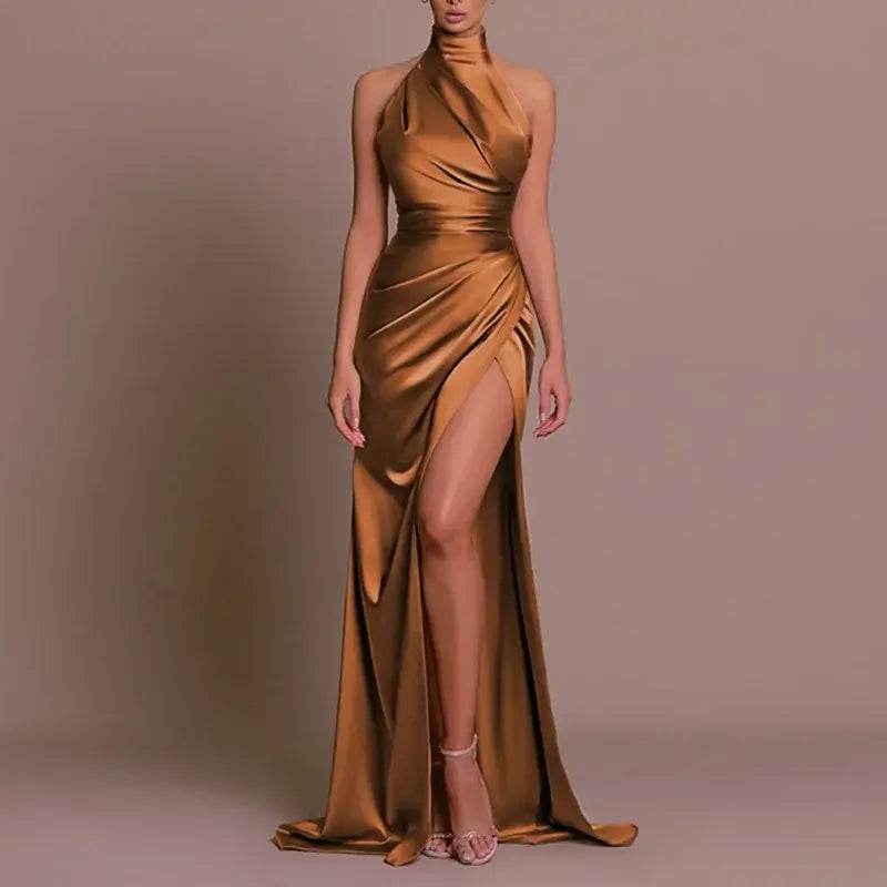 Silken Allure Backless Evening Dress - Elegant Halter Party Gown - ROYAL EQUIPS