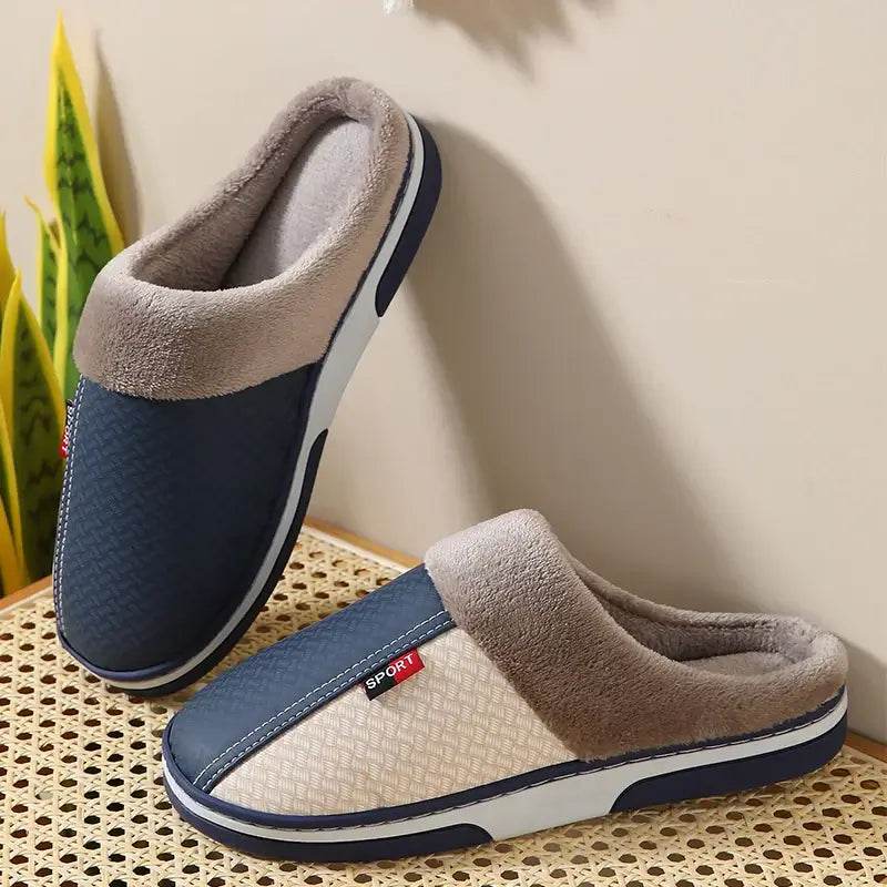 Men's Plush Slippers Home Indoor Non-slip PU Leather Upper Waterproof House slides Outside Male Shoe's - ROYAL EQUIPS