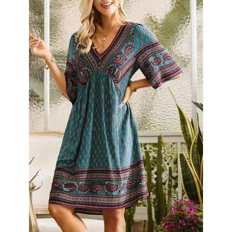 Vintage Printed V-Neck Short Sleeved Mini Dress - ROYAL EQUIPS