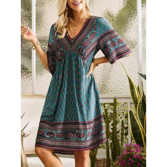 Vintage Printed V-Neck Short Sleeved Mini Dress - ROYAL EQUIPS