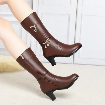 Thick Heel Side Zipper Pointed Leather Boots