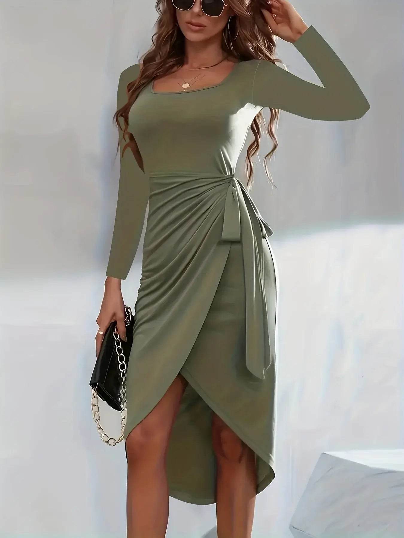 Elegant Bow-Tie Belt Bodycon Dress - Long Sleeve Casual Party Wear - ROYAL EQUIPS