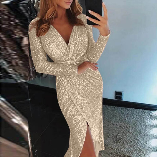 Deep V Neck Hot Stamping Wrap Hip Long Sleeve Wedding Performance Slim Dress - ROYAL EQUIPS