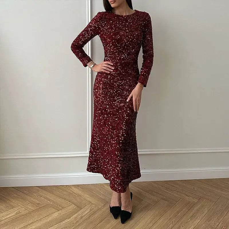 High Street Bodycon Long Sleeve Shinny Evening Dress Glitter O-Neck - ROYAL EQUIPS