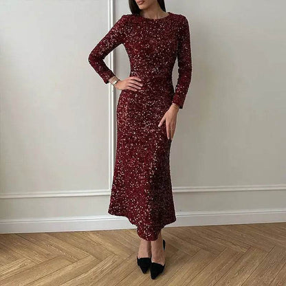 High Street Bodycon Long Sleeve Shinny Evening Dress Glitter O-Neck - ROYAL EQUIPS