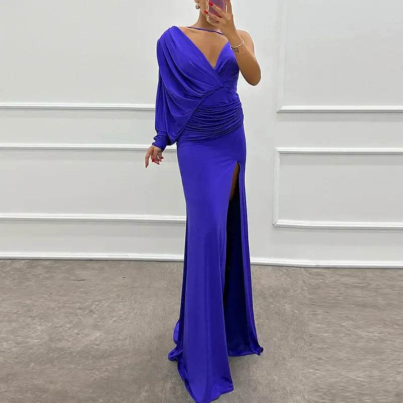 One Shoulder Sleeve Solid Long Split Asymmetric Slim Dress Elegant V-neck - ROYAL EQUIPS