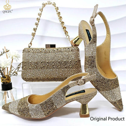Gold Color Elegant Hollow Rhinestones High Heels Wedges Shoes Matching Bag - ROYAL EQUIPS