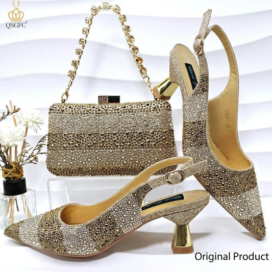 Gold Color Elegant Hollow Rhinestones High Heels Wedges Shoes Matching Bag - ROYAL EQUIPS