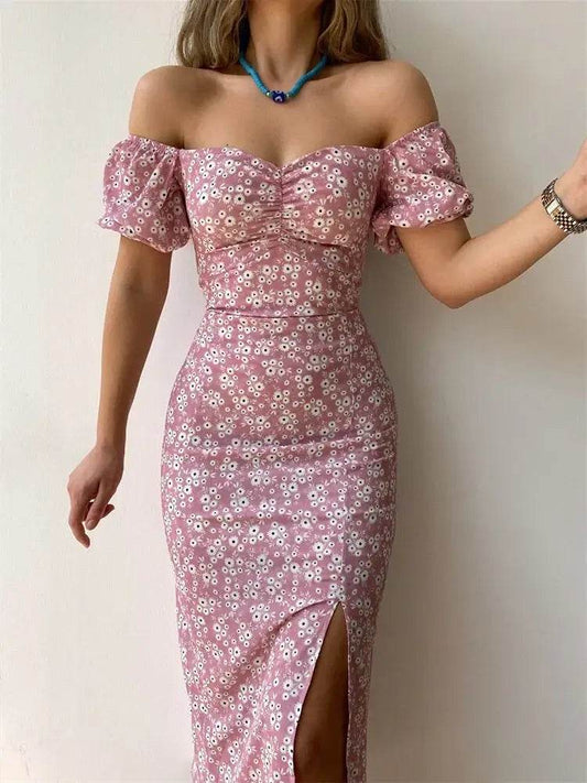Floral Print Short Sleeve Hip Wrap Party Dress Elegant Off Shoulder Backless Waist Slit Boho Long Dress - ROYAL EQUIPS