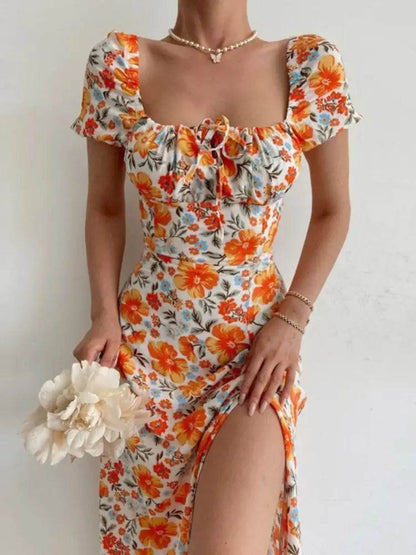 Floral Print Short Sleeve Hip Wrap Party Dress Elegant Off Shoulder Backless Waist Slit Boho Long Dress - ROYAL EQUIPS