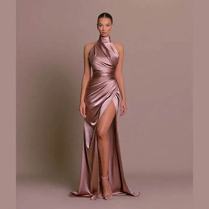 Silken Allure Backless Evening Dress - Elegant Halter Party Gown - ROYAL EQUIPS
