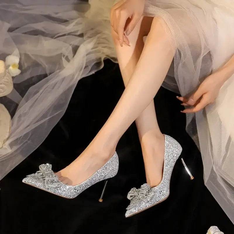Luxury Pointed Toe Pumps Sequined Rhinestone Butterfly Gold Silver High Heels Party Wedding Shoes - ROYAL EQUIPS
