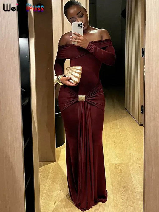 Elegant Ruched Metal Buckle Ribbon Slash Neck Full Sleeve Skinny Stretch Bodycon Dress - ROYAL EQUIPS