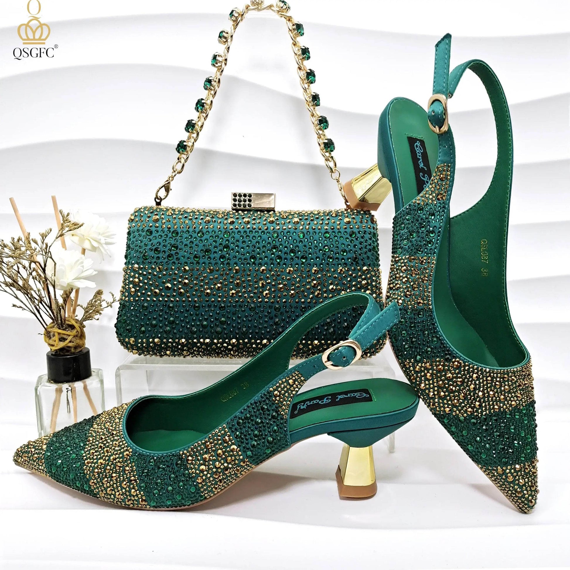 Gold Color Elegant Hollow Rhinestones High Heels Wedges Shoes Matching Bag - ROYAL EQUIPS