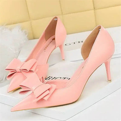 Women 7.5cm 10cm High Heels Leather Pumps Scarpins Sweet Cute Bow Low Heels Wedding Bridal Pink, Yellow, Blue Shoes - ROYAL EQUIPS
