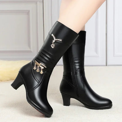 Thick Heel Side Zipper Pointed Leather Boots