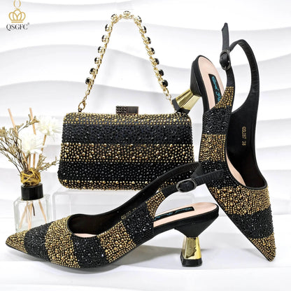 Gold Color Elegant Hollow Rhinestones High Heels Wedges Shoes Matching Bag - ROYAL EQUIPS