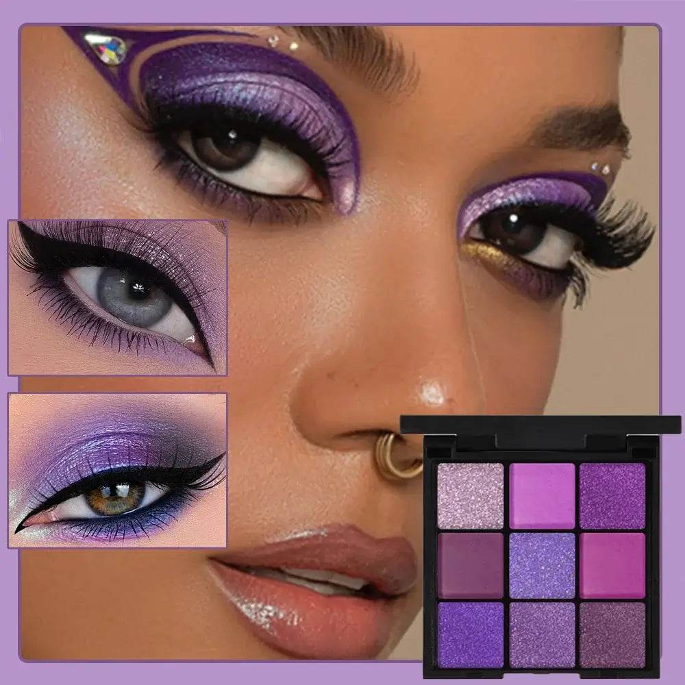 9 Colors Glitter Eyeshadow Palette Purple Shimmer Pearlescent Waterproof Matte Acrylic Make-up - ROYAL EQUIPS