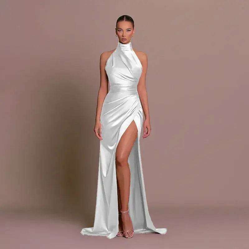 Silken Allure Backless Evening Dress - Elegant Halter Party Gown - ROYAL EQUIPS