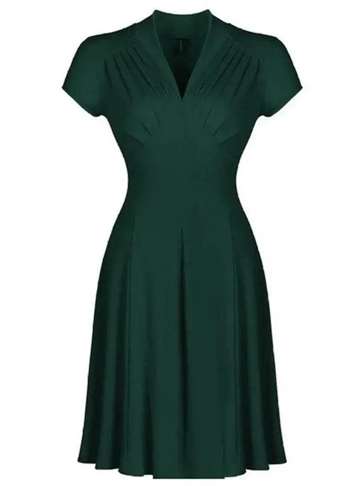 Solid Tea Women Retro V Neck Vintage Dress 50s 60s - ROYAL EQUIPS