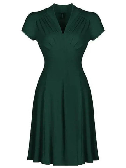Solid Tea Women Retro V Neck Vintage Dress 50s 60s - ROYAL EQUIPS