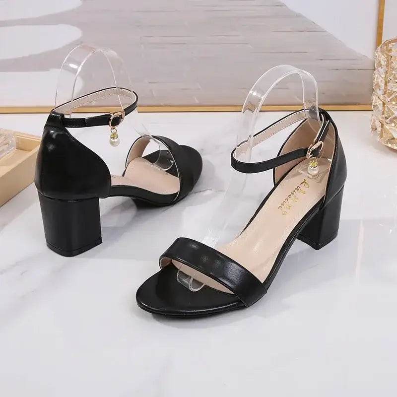 Ladies Pumps Round Toe PU 6CM Thick High Heels Buckle Strap Shallow Shoe Size 35-42 - ROYAL EQUIPS