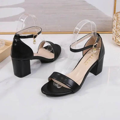 Ladies Pumps Round Toe PU 6CM Thick High Heels Buckle Strap Shallow Shoe Size 35-42 - ROYAL EQUIPS
