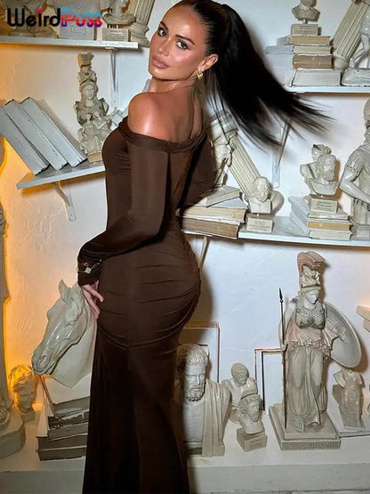 Elegant Ruched Metal Buckle Ribbon Slash Neck Full Sleeve Skinny Stretch Bodycon Dress - ROYAL EQUIPS