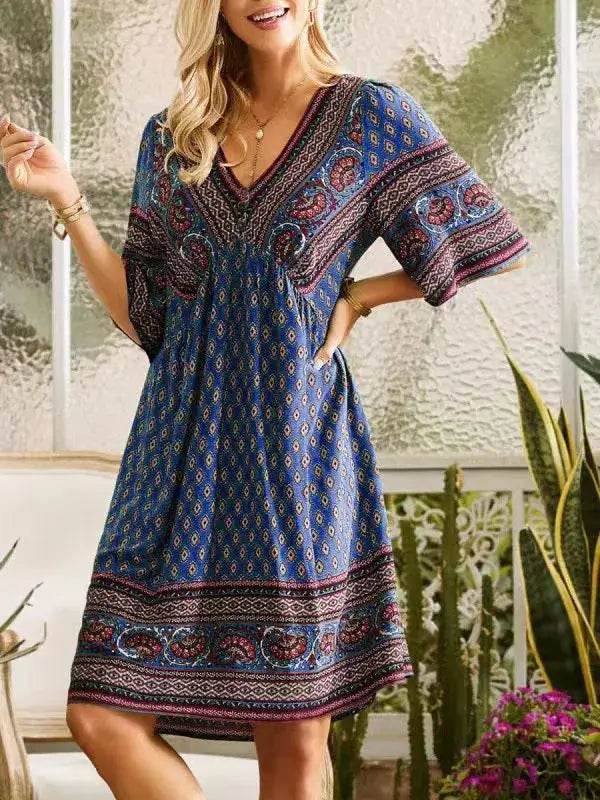 Vintage Printed V-Neck Short Sleeved Mini Dress - ROYAL EQUIPS