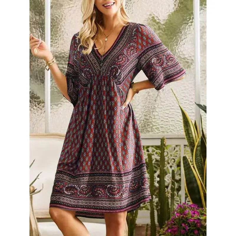 Vintage Printed V-Neck Short Sleeved Mini Dress - ROYAL EQUIPS