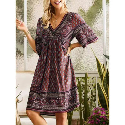 Vintage Printed V-Neck Short Sleeved Mini Dress - ROYAL EQUIPS